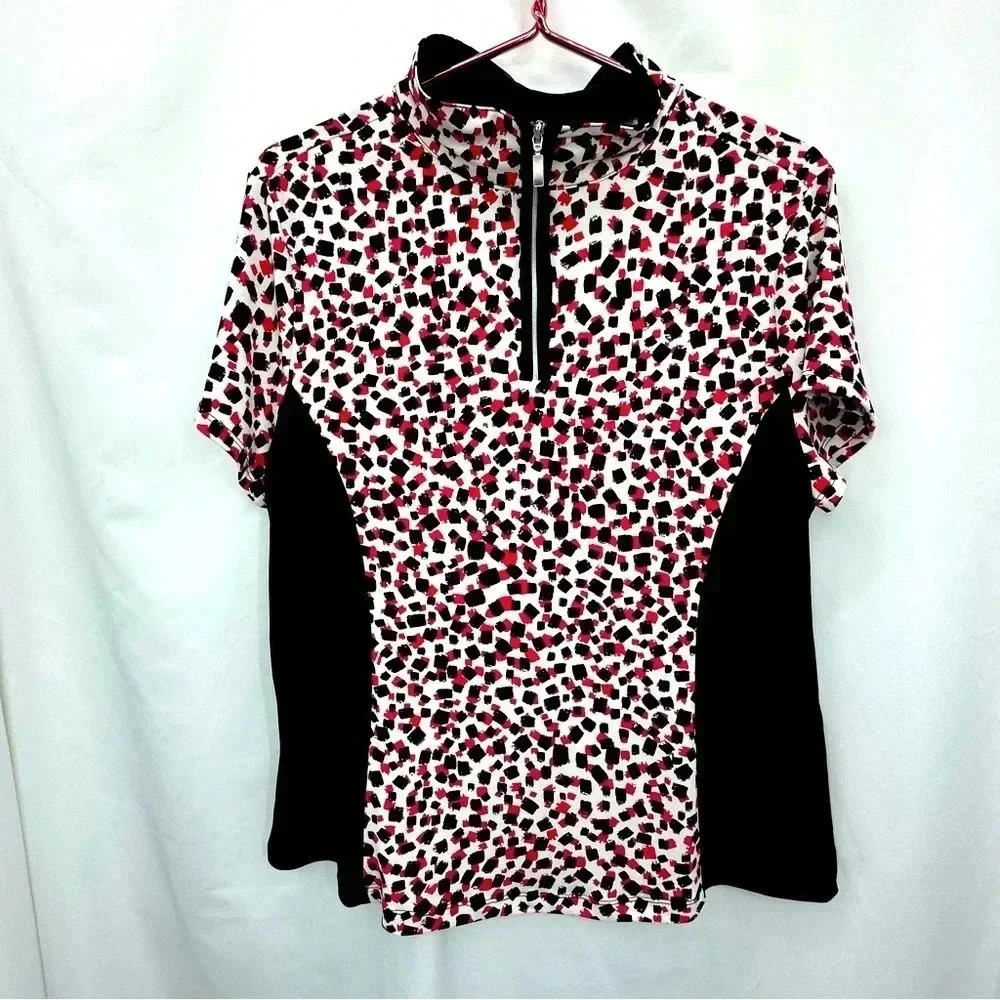 Weekends by Chico’s Woman’s Top 2 Large Black White Pink Zip Up Short Sleeve